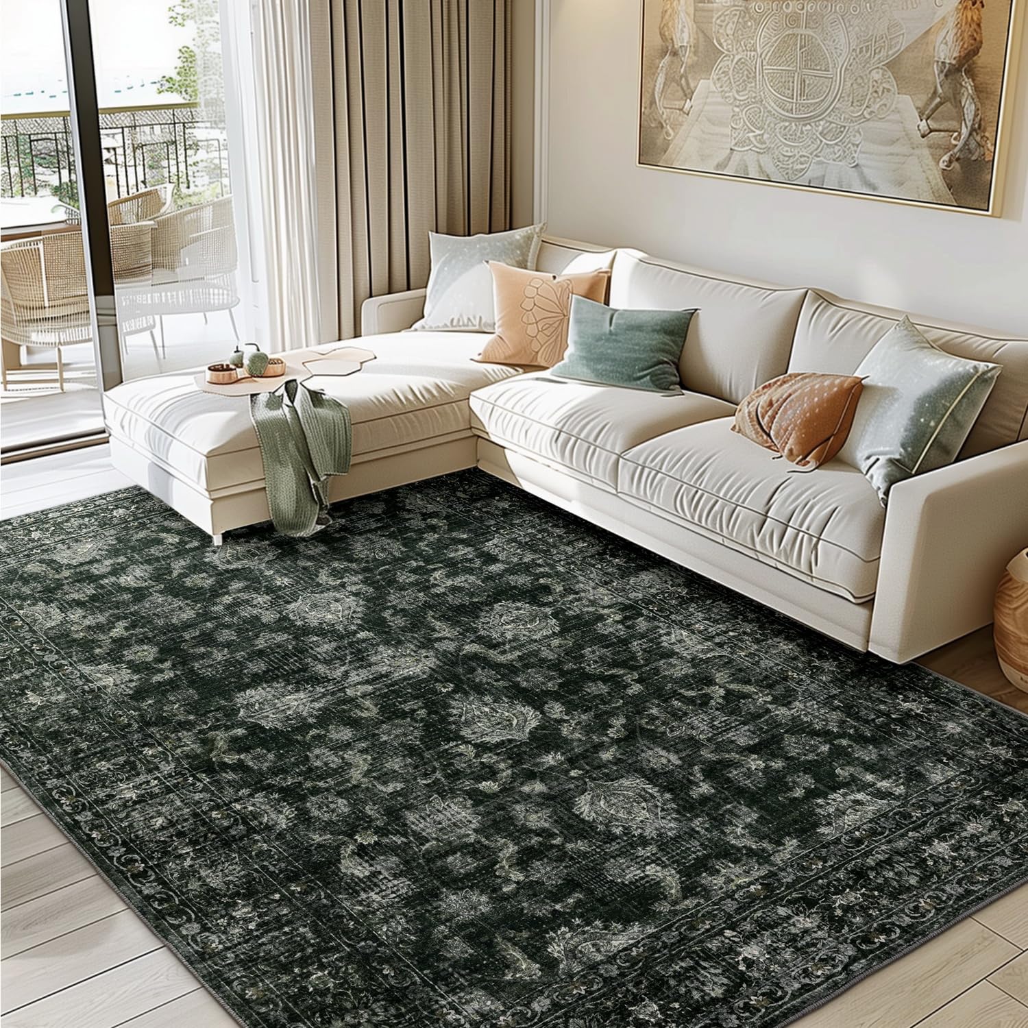 FROZZUR Boho Green Area Rug 6x9 Large Vintage Rug for Living Room